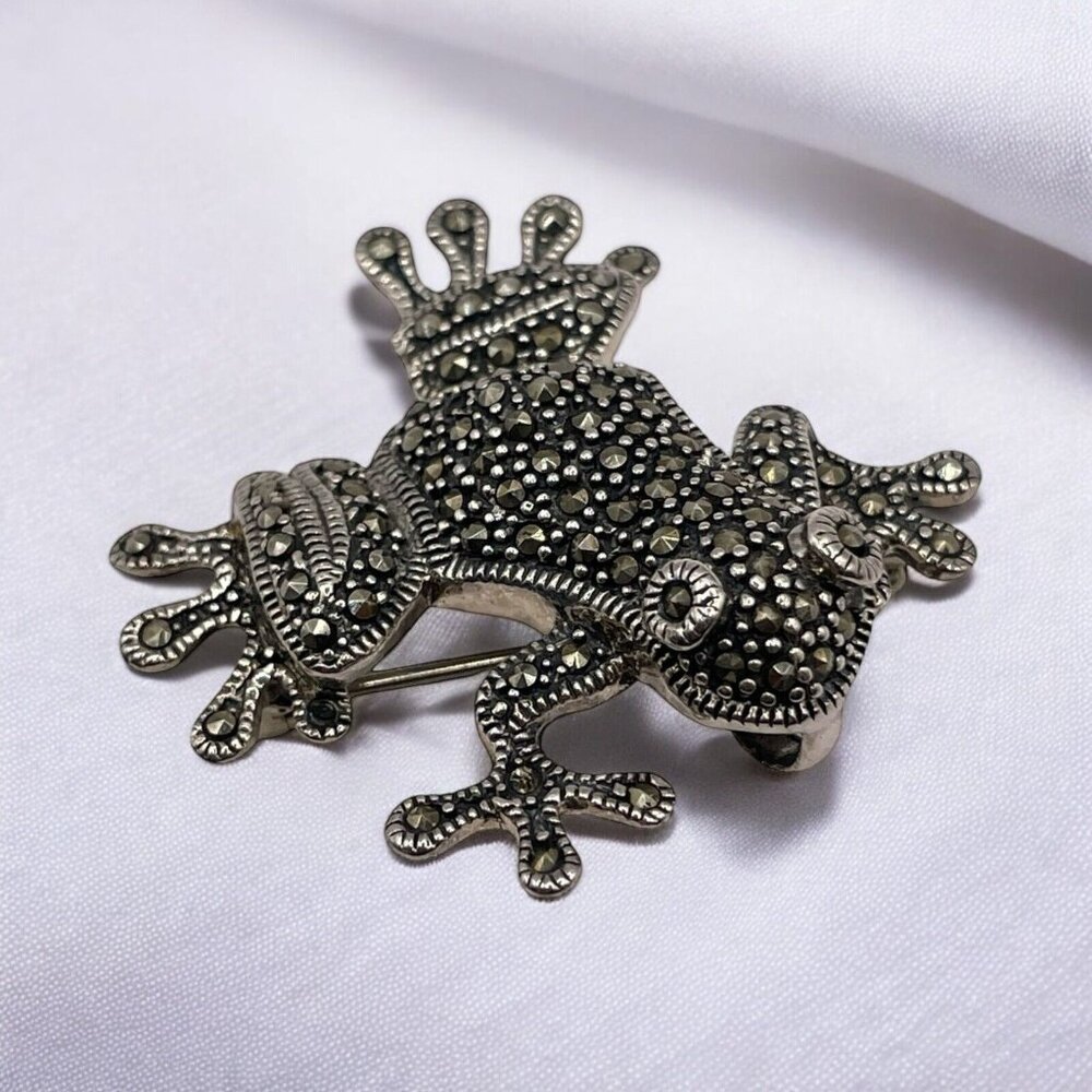 Sterling Silver 925 Marcasite Big Eye Frog Pendant Brooch Pin Vintage Amphibian